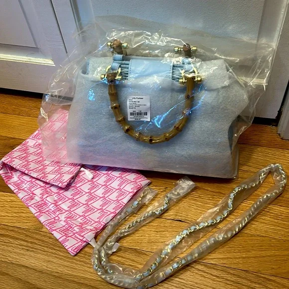 💙 LILLY PULITZER 💙 NWT Leena Top Handle Wicker Bag Bluette with Bamboo Handle - Picture 9 of 9